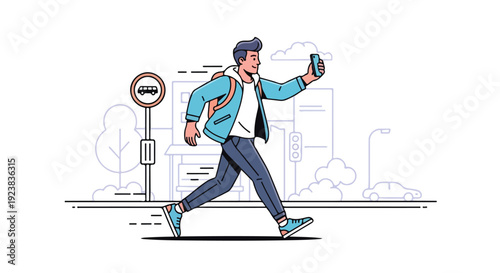 A young man walks down the street while vlogging with his phone and carrying a backpack, with a cityscape in the background and a one-way sign on the left, conveying a sense of urban lifestyle and
