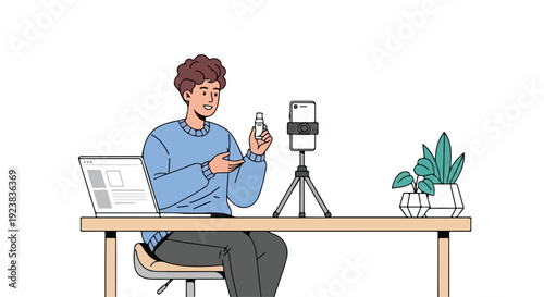 A young man sits at a desk with a laptop, filming himself with a phone on a tripod, vlogging as an influencer.