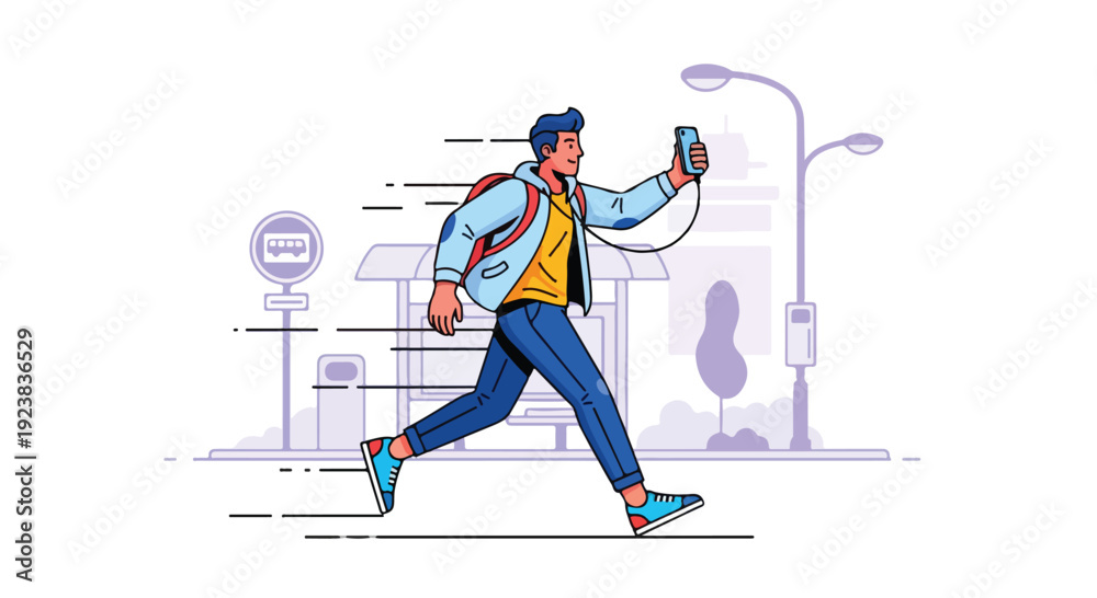 Fototapeta premium A young man walks down the street while vlogging with his phone and wearing a backpack in a modern urban setting with a minimalist color scheme.