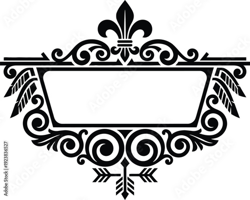 Classic fleur de lis frame with horizontal divider and arrow base black vector filigree for premium labeling elegant certificates vintage branding and royal stationery art.