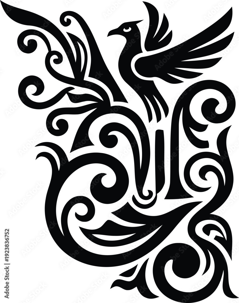 Fototapeta premium Black flying bird vector illustration with elegant floral ornament a beautiful design element for decoration tattoo or print concept.