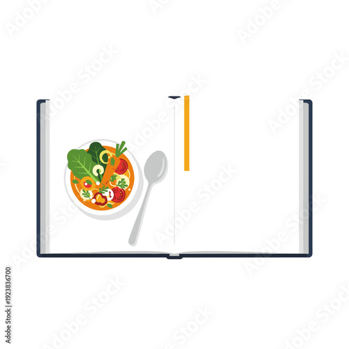 Open cookbook with healthy vegetable soup and spoon, flat design