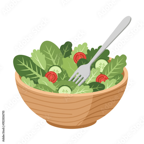 Wooden bowl overflowing with fresh salad and fork, healthy eating
