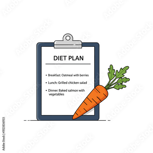 Clipboard with diet plan and fresh carrot icon