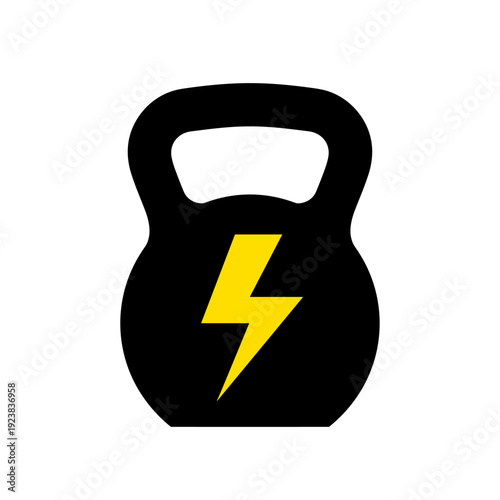 Black kettlebell with yellow lightning bolt symbol, fitness concept
