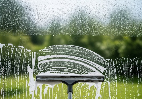 Squeegee cleaning soapy glass window with green bokeh background. concept for home care, professional service.