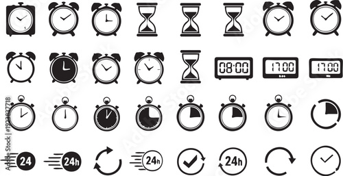 Collection of simple black and white clock icons representing various timekeeping devices and 24 hour service symbols for design and scheduling purposes in a modern visual style.