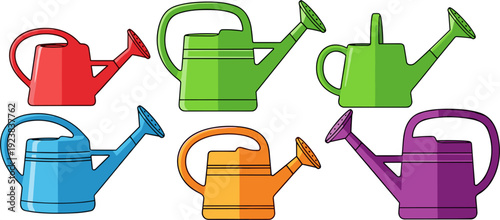 Collection of Six Colorful Watering Cans Assorted Sizes and Hues Isolated on White