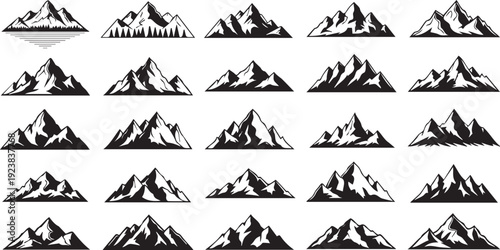 Collection of twenty five black and white mountain range logos and symbols for branding and design purposes in a grid layout on a white background