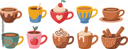 Cute coffee cups collection with latte, cappuccino and hot chocolate, colorful cartoon mug set with whipped cream and cinnamon for cafe menu design