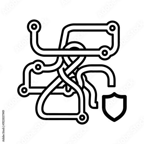 A stylized black and white illustration of intertwined pipes with a shield icon, symbolizing security and plumbing