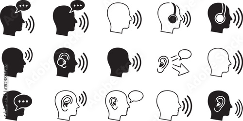 Collection of simple vector icons representing human communication and conversation in various styles and black and white contrasting designs.