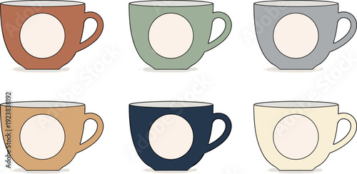 Six Assorted Color Coffee Cups Arranged in Two Rows Against a White Background