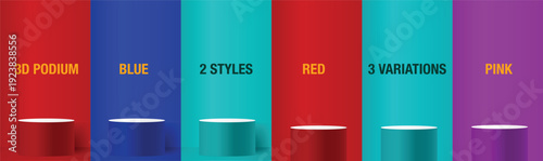 Podium Variations: A captivating array of colorful podiums, each meticulously designed to showcase products or concepts, offering a striking visual experience.