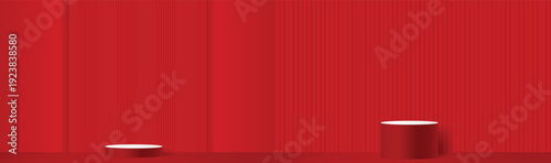 Minimalist Podiums on a Crimson Stage: Two sleek, minimalist podiums stand against a vibrant red backdrop, a study in simplicity and space, evoking a sense of anticipation and focus.