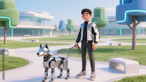 Human trainer walks robot dog on leash in futuristic park with stylized trees and modern buildings under clear sky
