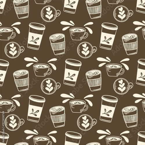 Takeaway coffee seamless pattern. Brown background with silhouettes of paper cups and cappuccino cups. Print for packaging, paper, coffee shop design, vector graphics