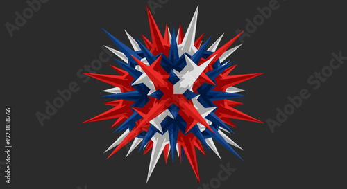 A visually striking abstract spiky sphere, rendered in vibrant red, white, and blue, creates a dynamic and energetic geometric explosion against a dark background.