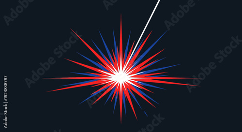 An abstract illustration depicts a laser beam generating a vibrant red and blue starburst, radiating energetic light, symbolizing powerful impact on a dark backdrop.