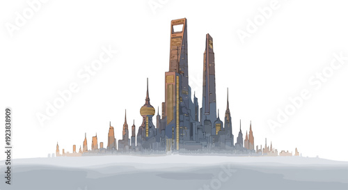 A futuristic city skyline at night with sleek skyscrapers rising above the fog, showcasing a modern urban landscape.