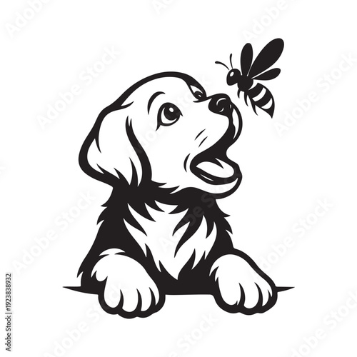 Cute puppy silhouette curiously reaching for a flying bee above design
