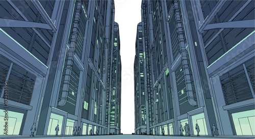 A futuristic cityscape at night featuring a sleek skyscraper-lined skyline with illuminated windows and balconies.