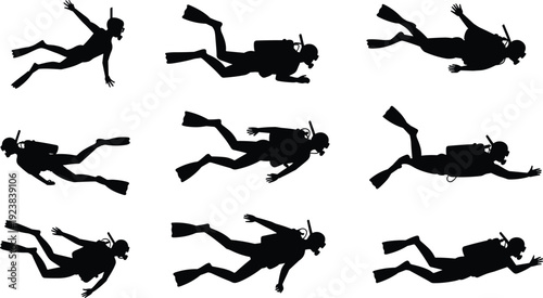 Scuba diving silhouettes set with underwater swimmer poses, marine sport vector illustration collection, isolated black diver figures for ocean exploration, and water recreation design