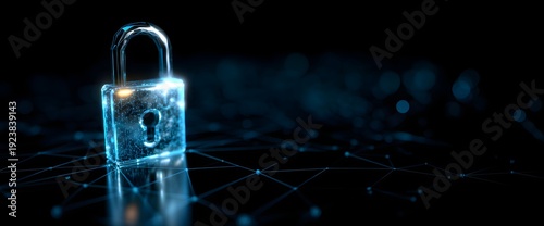 Transparent glass padlock with glowing blue circuit lines and network connections on a dark background, symbolizing secure data transmission and encrypted communication systems