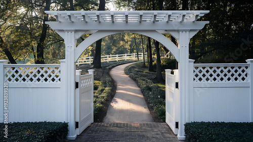 A serene pathway leading through a charming white lattice archway in a garden.