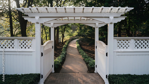 Serene garden pathway framed by a white lattice archway and fence