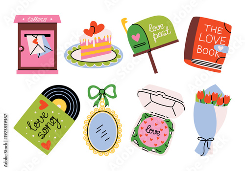 Valentine’s Day romantic illustrations. Mailbox with love letters, piece of cake on plate, love postbox, love book, vinyl record with love song cover,  vintage mirror, bento cake, bouquet of tulips.