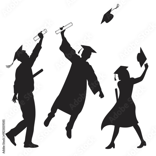 Black silhouettes of graduates throwing caps and holding diplomas 1