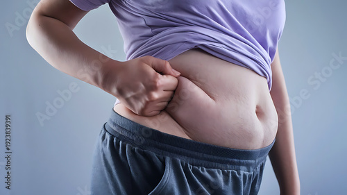 Person demonstrating visible abdominal area with hands supporting the belly