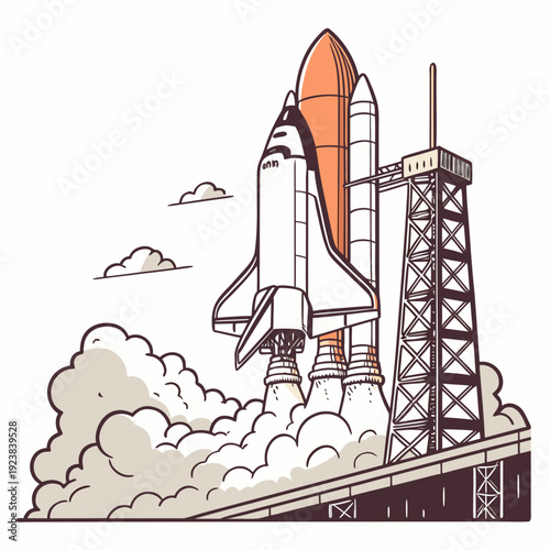 Space shuttle lifting off launchpad with smoke and clouds