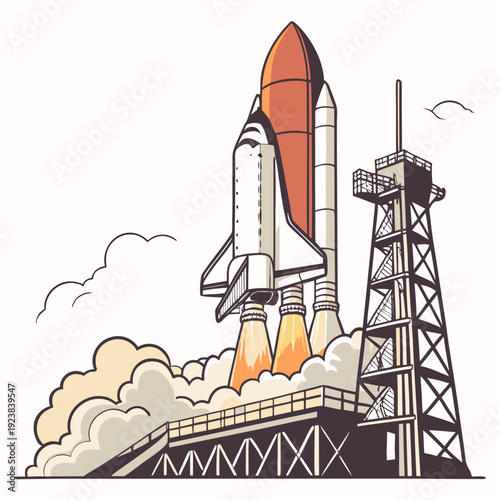 Space Shuttle Liftoff from Launchpad with Orange and White Rocket