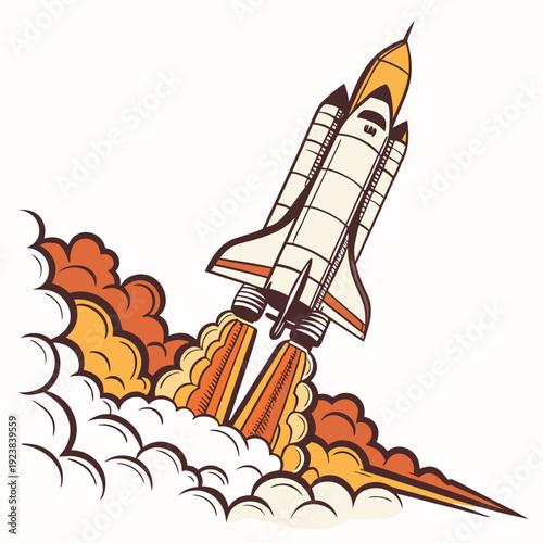 Cartoon style rocket taking off with flames and smoke