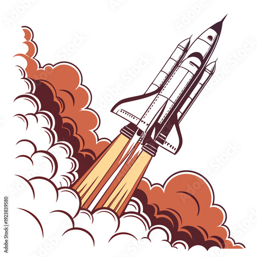 Of a space shuttle launching with smoke and flames