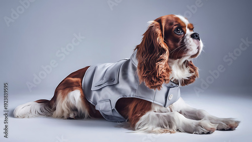 A cozy spaniel dog wearing a stylish light blue sweater in a relaxed pose.