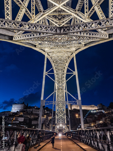 Ponte Luis I over the Rio Douro in Porto, Portugal, at night.