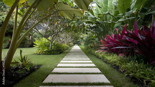 A serene garden pathway bordered by lush greenery and vibrant foliage
