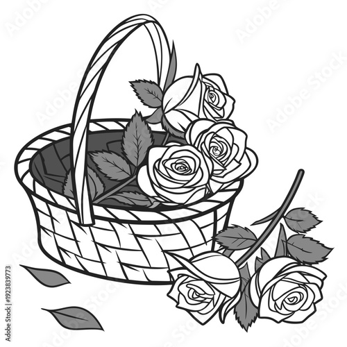 Black and white of roses in a woven basket flowers