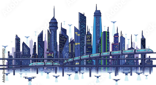 A futuristic city skyline at night with sleek skyscrapers and a bridge spanning a body of water, reflecting a vibrant urban landscape.