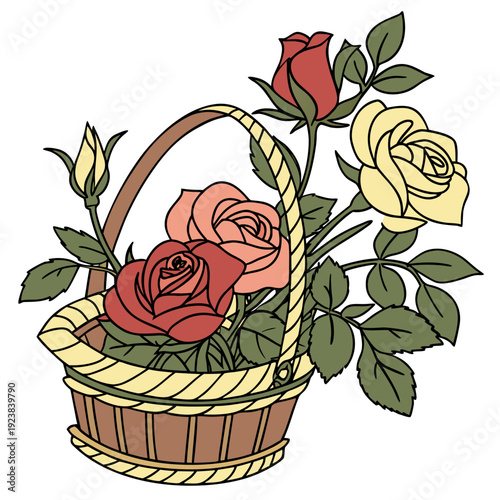 Colorful roses in a wicker basket flowers