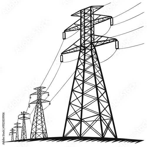 Black and white of voltage electric power transmission towers