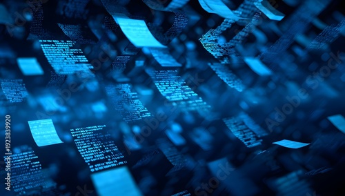Abstract flying documents and digital pages floating in dark blue cyberspace representing cloud storage electronic paperless office solutions and massive library of information data management