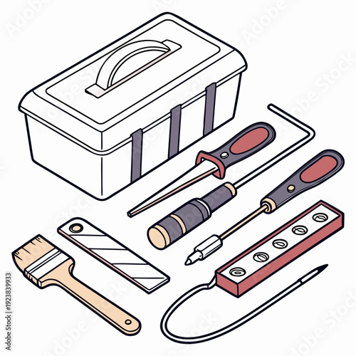 Toolbox with screwdrivers paintbrush putty knife wire and level