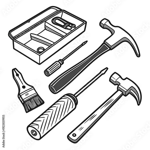 Black and white of construction tools and paintbrush on white background