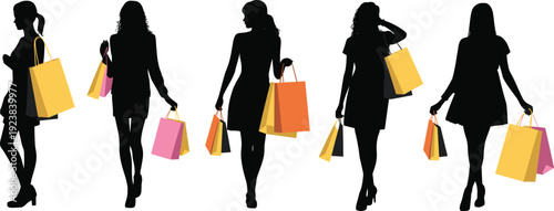 Women shopping silhouettes with colorful bags, fashion retail concept illustration, stylish female figures isolated on white background, consumer lifestyle, sale season, boutique and mall design