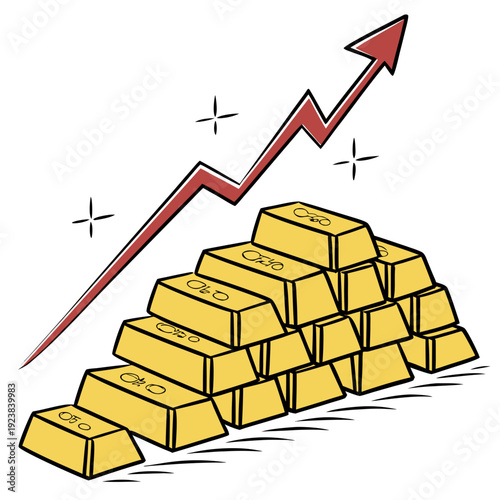 Gold bars stacked pyramid with rising red arrow gold bullion
