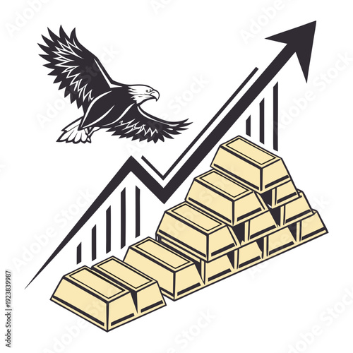 Gold bars stacked pyramid with eagle flying above rising graph